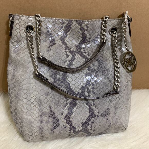 MICHAEL KORS JET SET Gray Python Leather North South Convertible Chain Hobo - Picture 2 of 16
